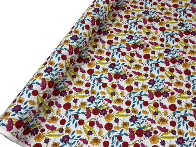 Summer Flowers on White Printed Cotton