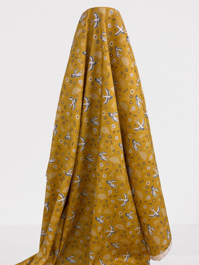 Swallows on Mustard Printed Cotton