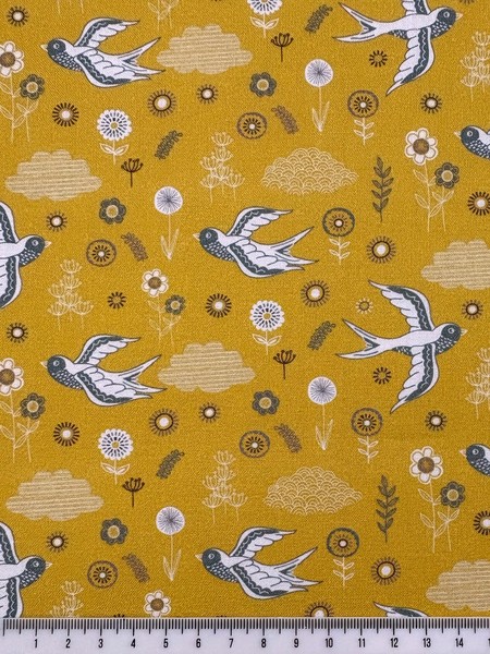 Swallows on Mustard Printed Cotton