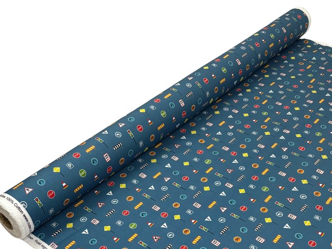 Traffic Signs on Blue Printed Cotton