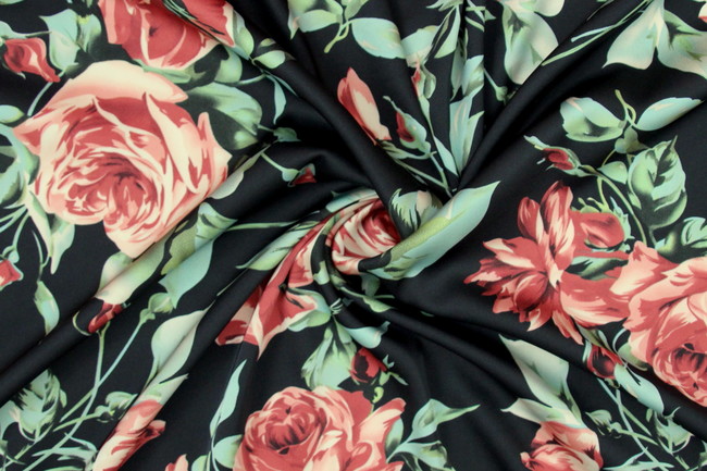 Dusky Red Roses on Black Printed Stretch Satin