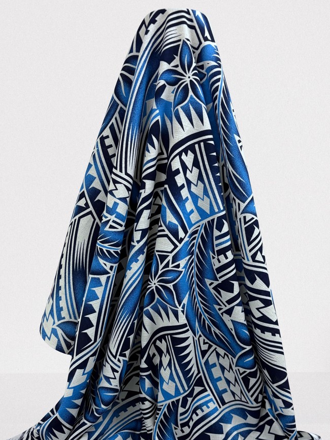 Navy & Sky Blue Frangipani Pacific Island Cotton Dobby