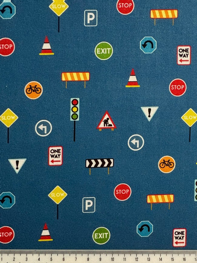 Traffic Signs on Blue Printed Cotton