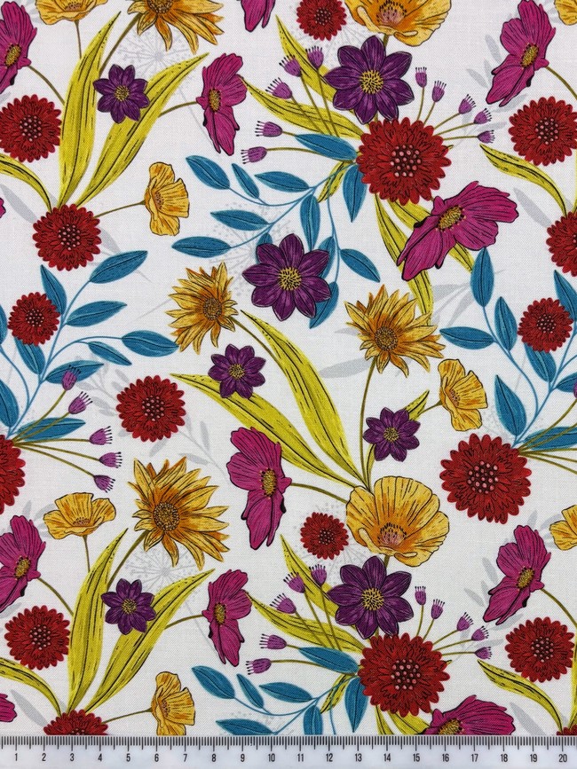 Summer Flowers on White Printed Cotton