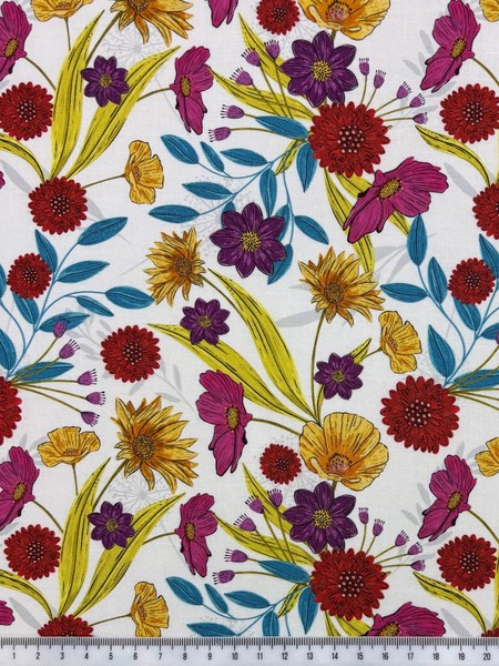 Summer Flowers on White Printed Cotton