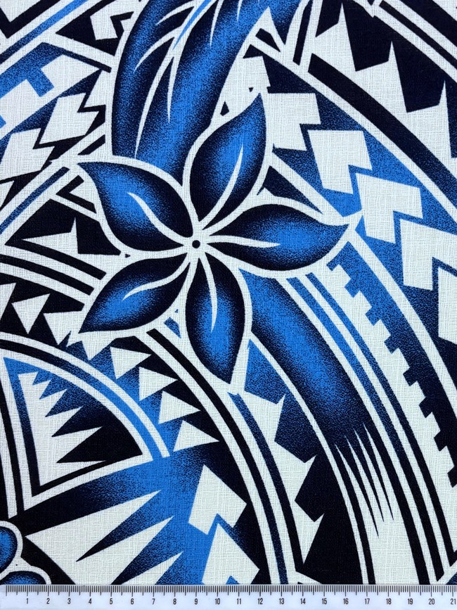 Navy & Sky Blue Frangipani Pacific Island Cotton Dobby
