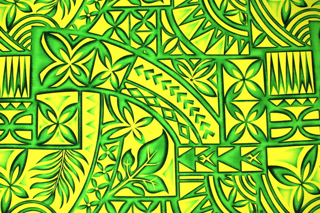 Green Tones on Lime Pacific Island Design Cotton Dobby