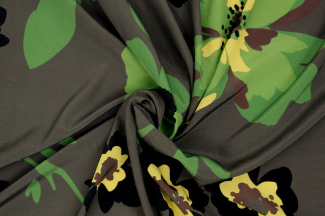 Big Green Floral on Charcoal Digital Printed Viscose/Rayon Blend