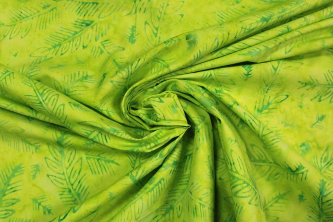 Green Leaves on Lime Toned Batik Cotton