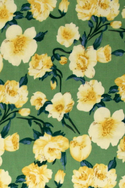 Muted Yellow Roses on Light Moss Green Printed Rayon