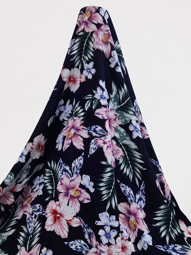 * SPECIAL * Hibiscus Flowers on Navy Crinkle Rayon