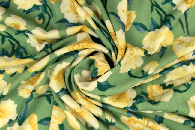 Muted Yellow Roses on Light Moss Green Printed Rayon