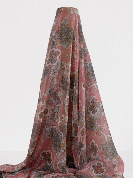 Floral & Fleur de Lis Shimmering Pink Printed Chiffon