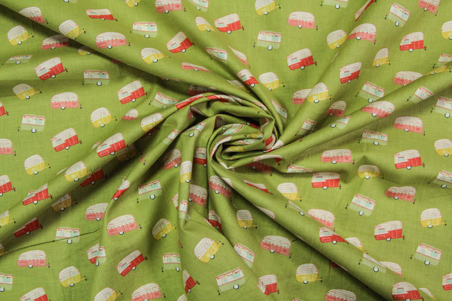 Vintage Caravans on Olive Printed Cotton