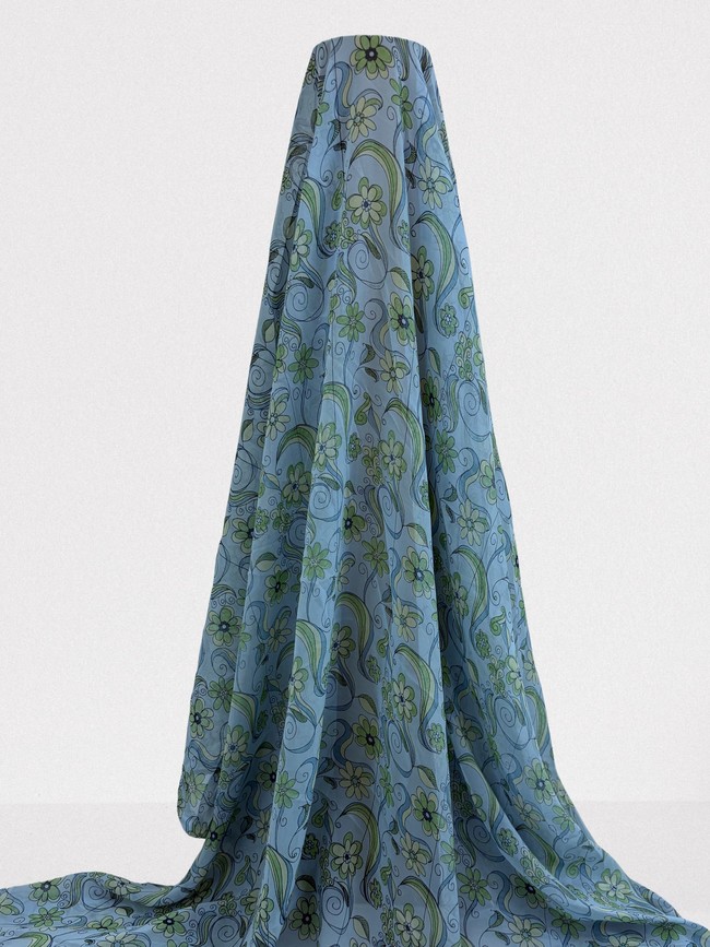 Daisies on Blue Printed Chiffon
