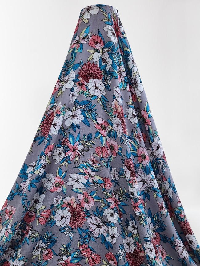 * SPECIAL * Summer Blooms on Grey Crinkle Rayon