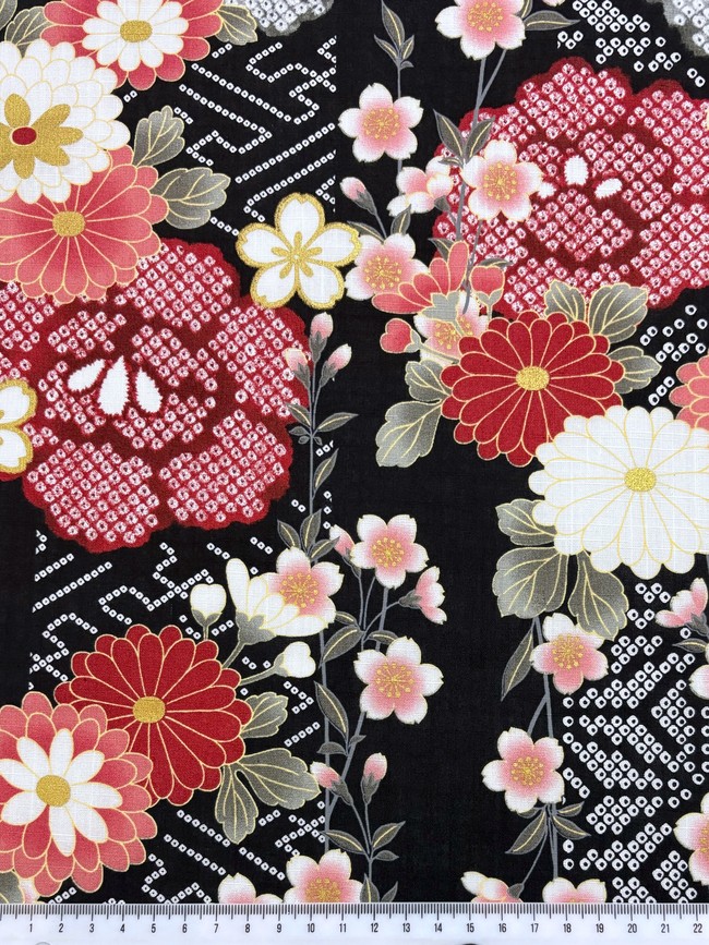 Floral Pinks on Black Japanese Printed Cotton