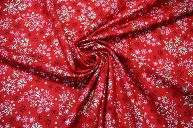 Gold Foiled Snowflakes on Red Printed Cotton