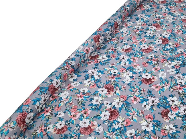 * SPECIAL * Summer Blooms on Grey Crinkle Rayon