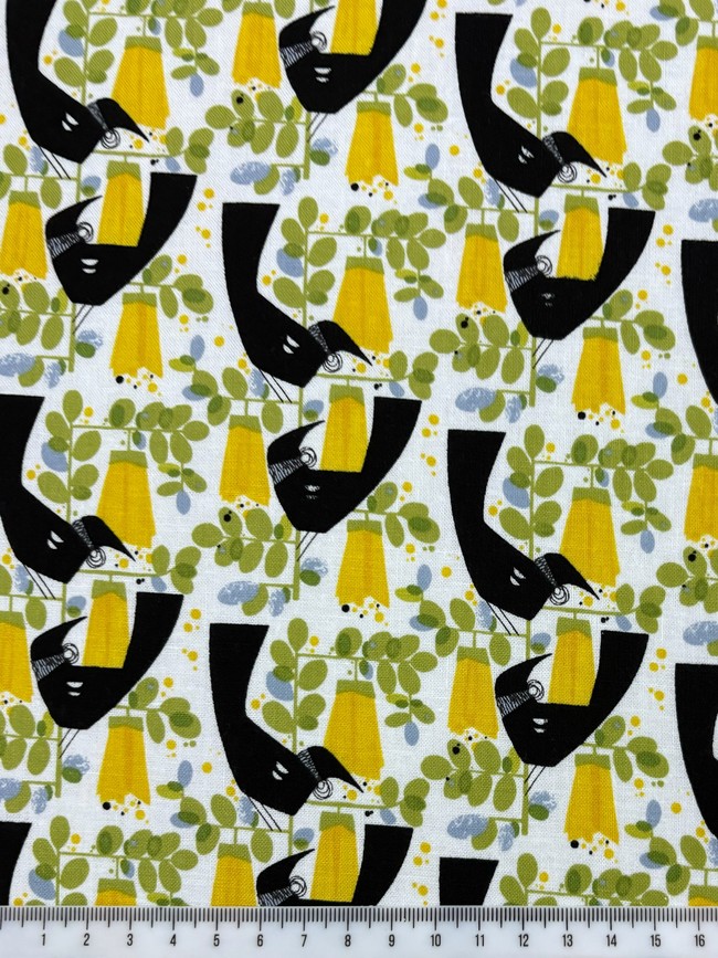 Bold Tui on Kowhai Printed Cotton
