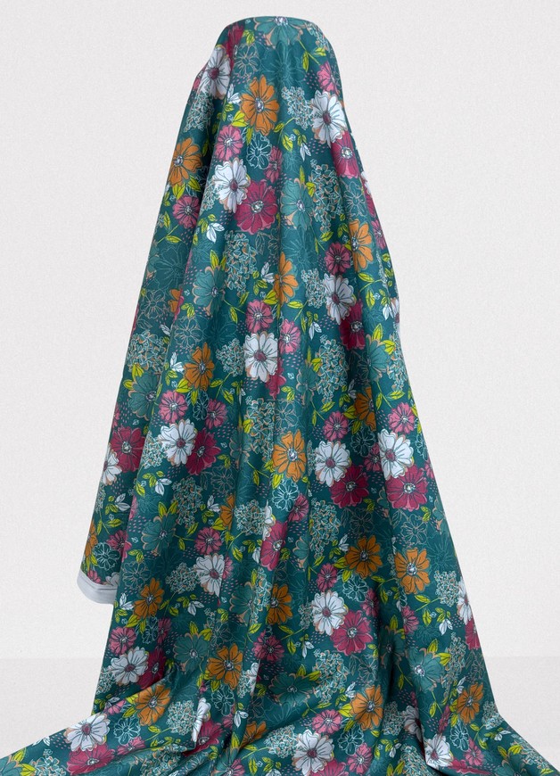 Teal Meadow Blossom Printed Cotton