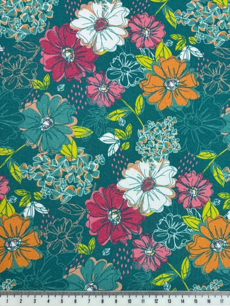 Teal Meadow Blossom Printed Cotton