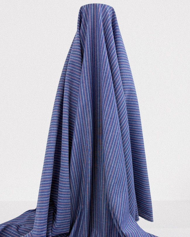 Red & White Pinstripes on Chambray Blue Linen Cotton Shirting