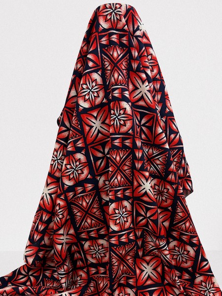 Red & Blush on Dark Navy Pacific Island Cotton Dobby