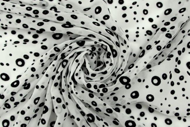 Black Flocked Circles on White Printed Polyester