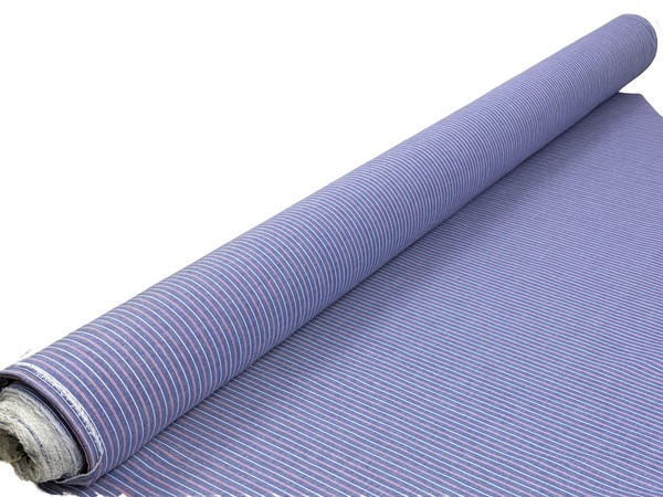 Red & White Pinstripes on Chambray Blue Linen Cotton Shirting