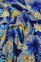 Frangipani & Blue Leaves on Grey Textured Printed Cotton