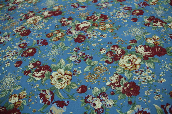 Wild Roses on Dusky Blue Printed Cotton