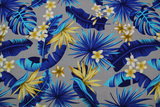Frangipani & Blue Leaves on Grey Textured Printed Cotton