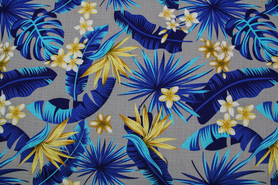 Frangipani & Blue Leaves on Grey Textured Printed Cotton