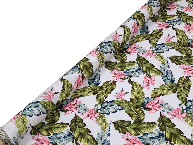 * SPECIAL * Lillies & Palms on Silver White Crinkle Rayon