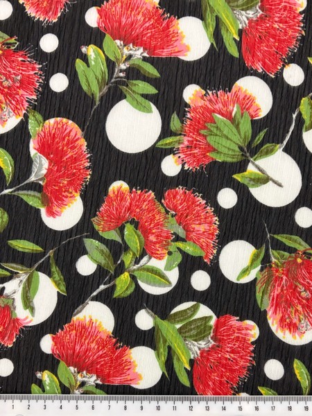 Spot the Pohutukawa On Black Crinkled Georgette