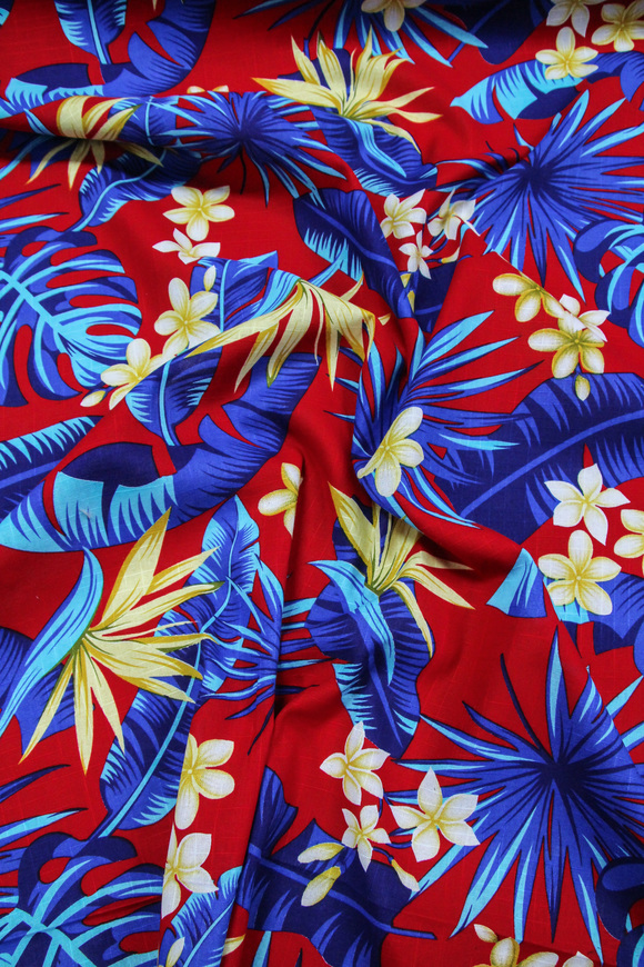 Frangipani & Blue Leaves on Red Textured Printed Cotton