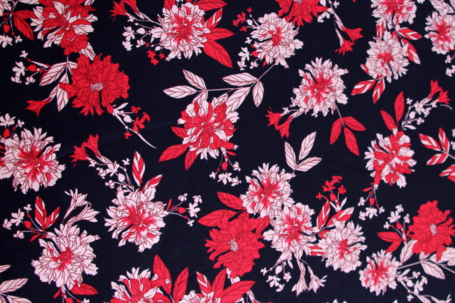 Raspberry on Dark Navy Floral Printed Cotton