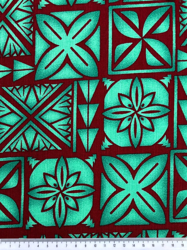 Burgundy on Green Pacific Island Cotton Dobby