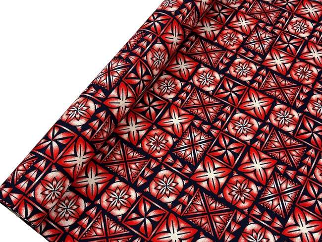 Red & Blush on Dark Navy Pacific Island Cotton Dobby