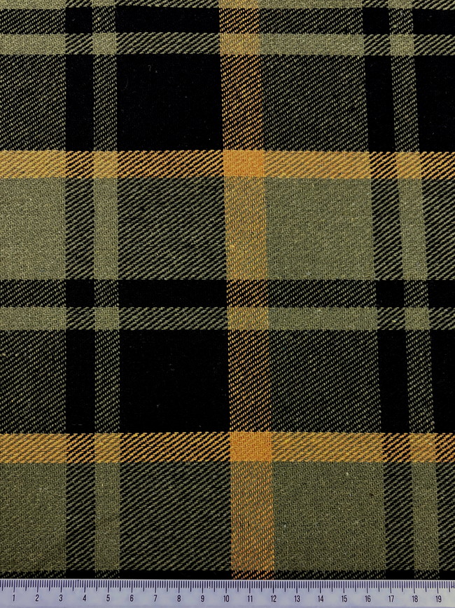 Olive, Black & Mustard Tartan Check Brushed Wool Blend