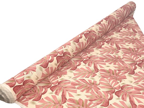 Rose Pink Palm Leaves on Ivory Printed Bamboo Cotton Blend