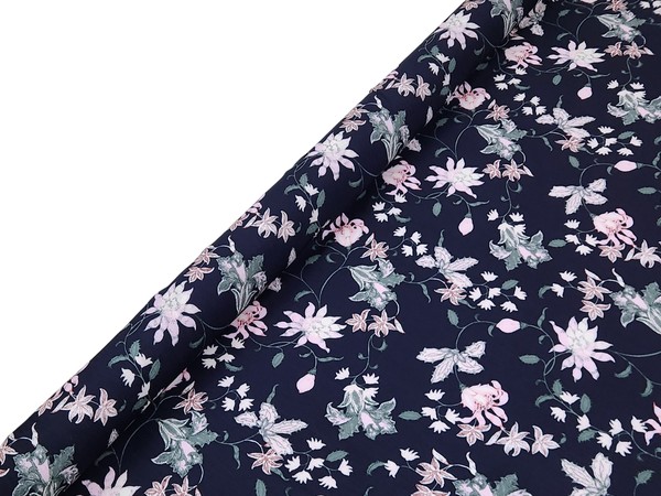 * SPECIAL * Pastel Nightshade Flowers on Navy Crinkle Rayon