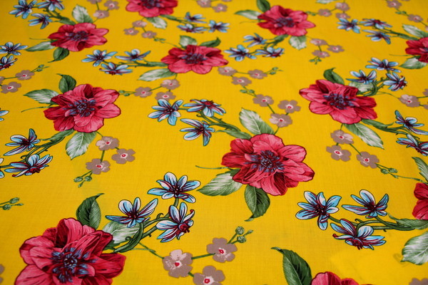 New Season Printed Rayon - Bright Flowers on Gold
