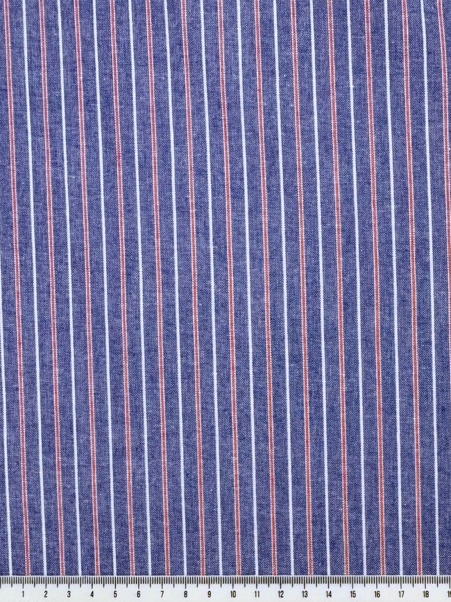 Red & White Pinstripes on Chambray Blue Linen Cotton Shirting