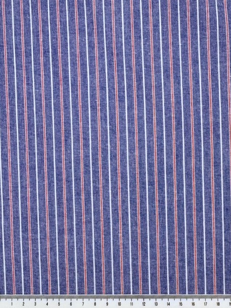 Red & White Pinstripes on Chambray Blue Linen Cotton Shirting