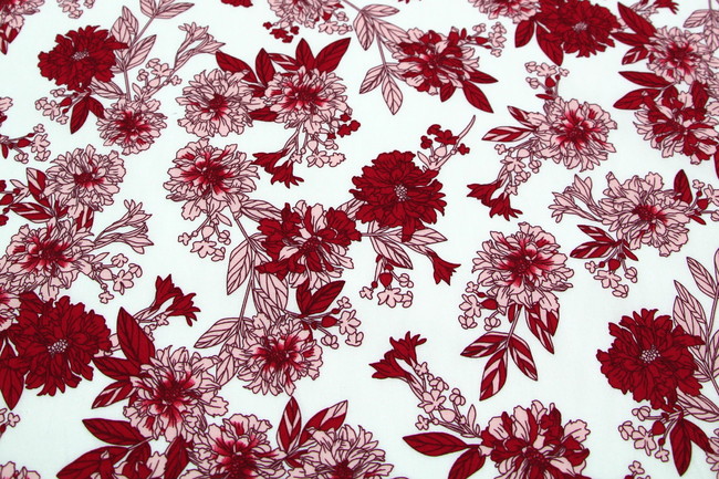 Raspberry on White Floral Printed Cotton