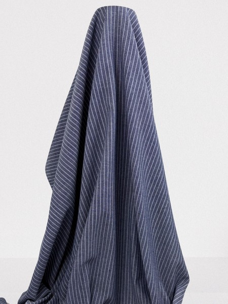 White Pinstripes on Denim Blue Linen Cotton Shirting