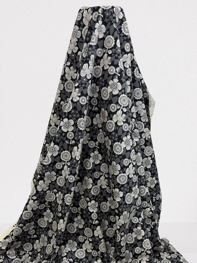 Grey Tones Japanese Blossoms on Black Premium Cotton