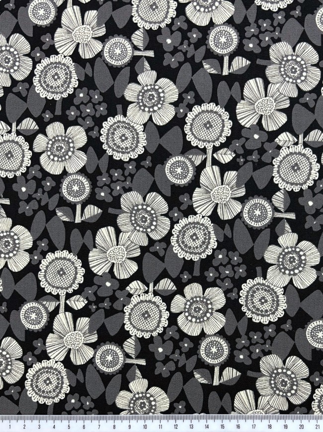 Grey Tones Japanese Blossoms on Black Premium Cotton